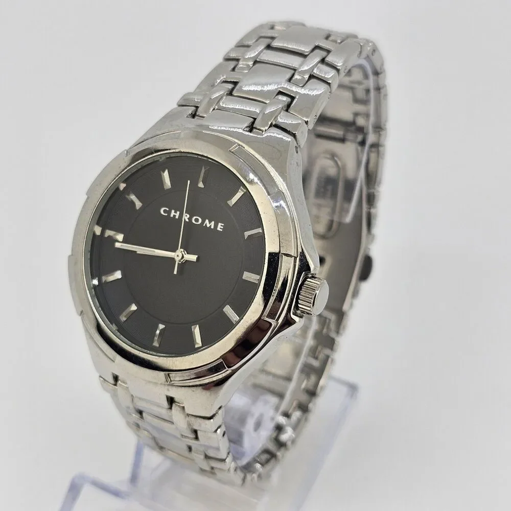 Chrome Men's Watch 42MM‎ Black Dial Gray Case Bracelet Band 7.5